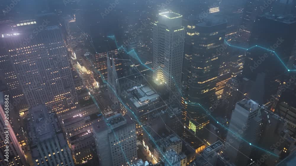 Poster charts and graphs on hazy illuminated new york city background - cgi animation
