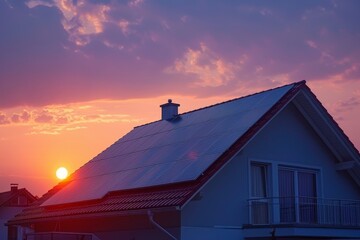 Fototapeta premium A house with solar panels under a sunset sky.