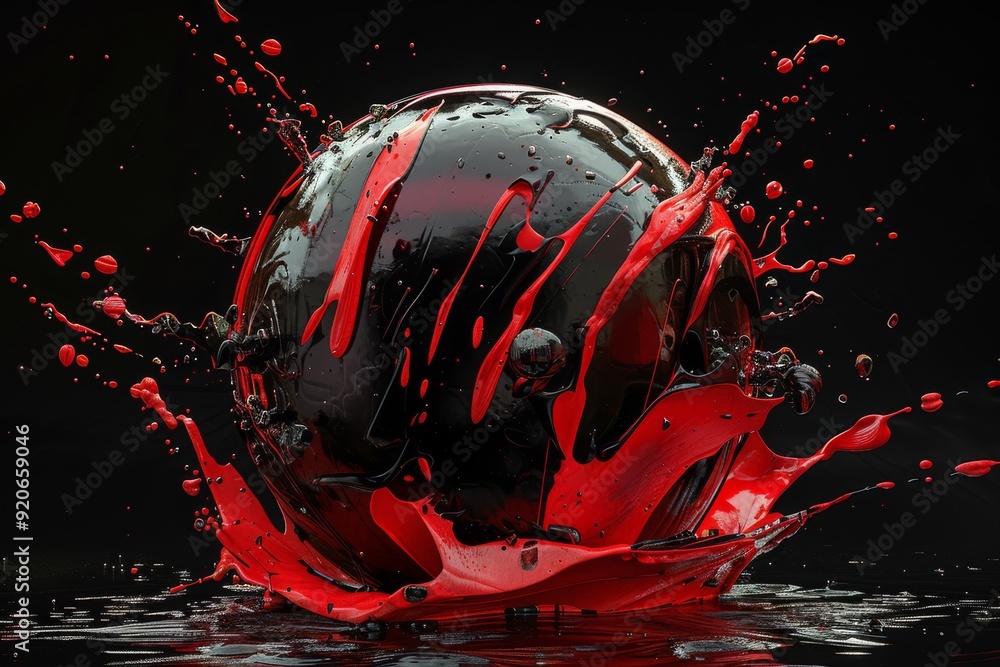 Poster this visually captivating 3d image features a bold black sphere surrounded by a vibrant splash of re