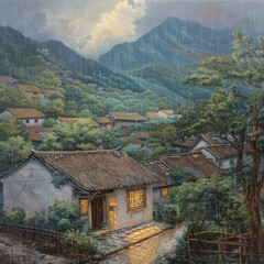 Rainy Day in a Small Village