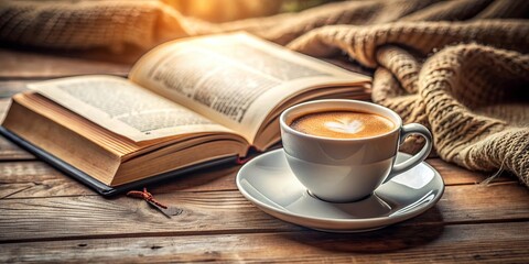 A cozy scene of a cup of coffee next to an open book