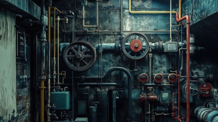 Mechanical room in an industrial setting, featuring an array of pipes and valves that control and regulate operations.