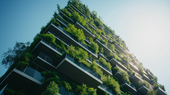 Gr&uuml;ne bepflanzte Hausfassade gr&uuml;ne Stadt der Zukunft mit vertikalen Garten an Hauswand Fassade begr&uuml;nt Generative AI