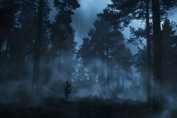 Obraz premium Overcast and Gloomy Rainy Day in a Foggy, Primal Forest