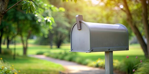 Grey mailbox standing in front of a blurred nature background