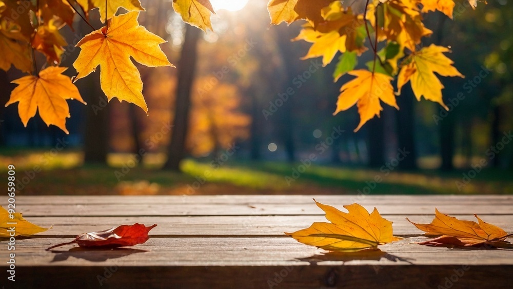 Wall mural empty wooden table for mockups. outdoor exposition exhibit platform with colorful fallen leaves. uno