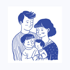 Hand-drawn illustration of a family with a newborn, featuring loving expressions and simple lines.
