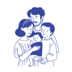 Hand-drawn illustration of a family with a newborn, featuring loving expressions and simple lines.
