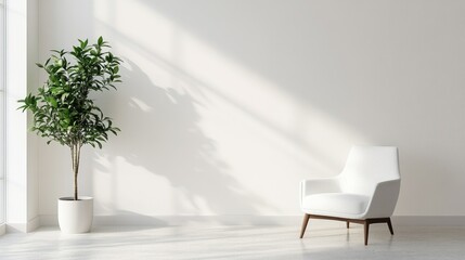 Minimalist living room with a sleek armchair beside a lush potted plant, embodying simple elegance and modern design.