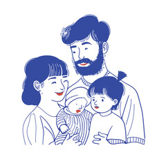Hand-drawn illustration of a family with a newborn, featuring loving expressions and simple lines.
