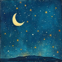 Naklejka premium A crescent moon and stars shine brightly in a blue night sky. The scene is painted with a delicate and whimsical style.