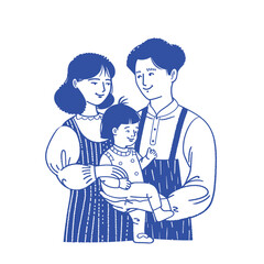 Hand-drawn illustration of a family with a newborn, featuring loving expressions and simple lines.

