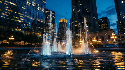 Obraz premium City Fountain at Night with Skyscrapers in Background..