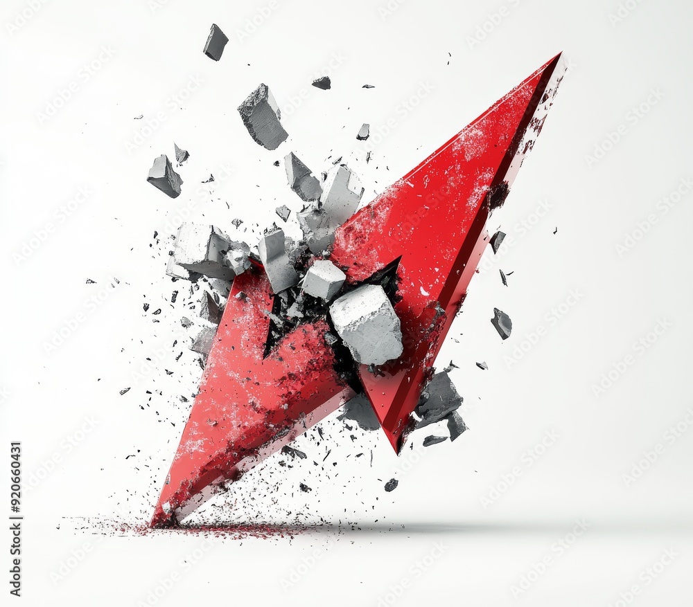 Poster dynamic red arrow breaking through concrete with explosive energy