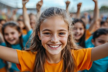 Obraz premium Cheerful group of kids have fun during sports training at stadium, Generative AI