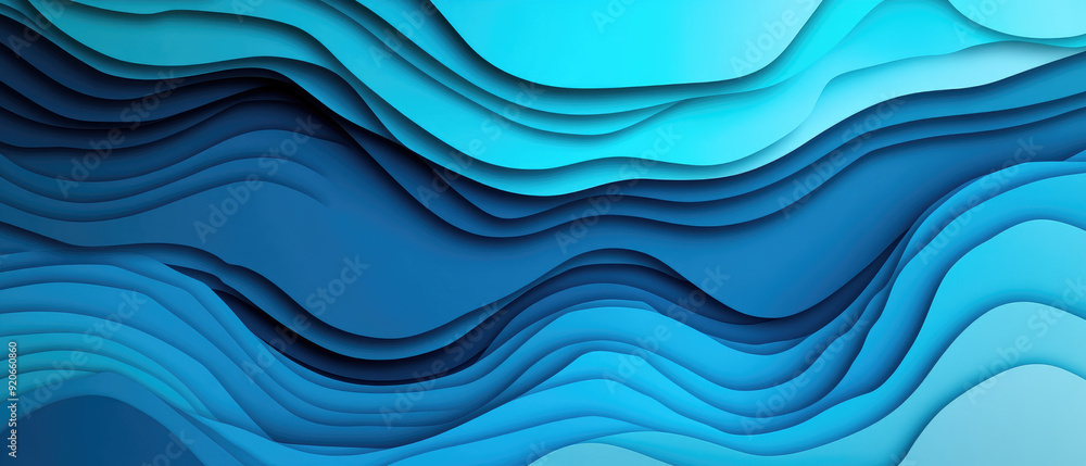 Poster fluid gradients of blue, layered waves create a serene oceanic atmosphere, embodying tranquility and