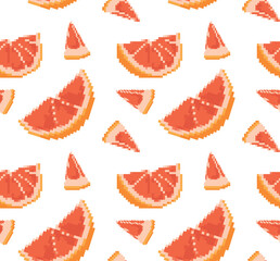 Seamless pixel pattern with images of grapefruit slices of different shapes on a white background. Ideal for digital design, textiles and packaging, adding freshness and vibrancy to any project.