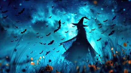 halloween witch in blue theme scary night with bats flying in air
