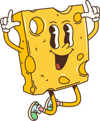 Retro cartoon groovy breakfast cheese slice character. Isolated vector smiling dairy piece of cheese with expressive eyes and sneakers giving playful hand gesture. Cheerful funky cheesy personage