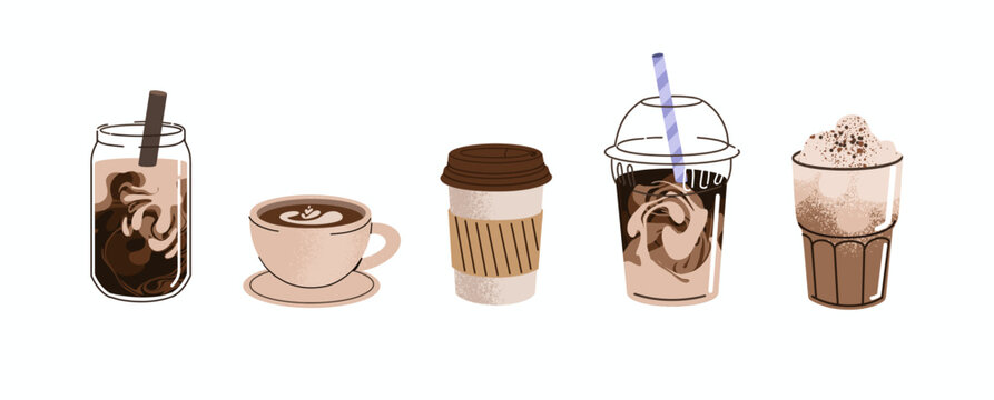 Hot and cold coffee drinks set. Espresso, americano cup, cappuccino and latte in paper mug, iced macchiato in glass. Flat vector illustrations isolated on white background
