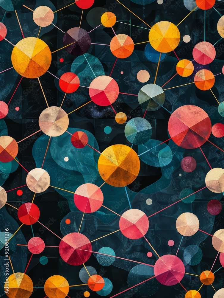 Poster abstract colorful network pattern with connected nodes on a dark blue background.