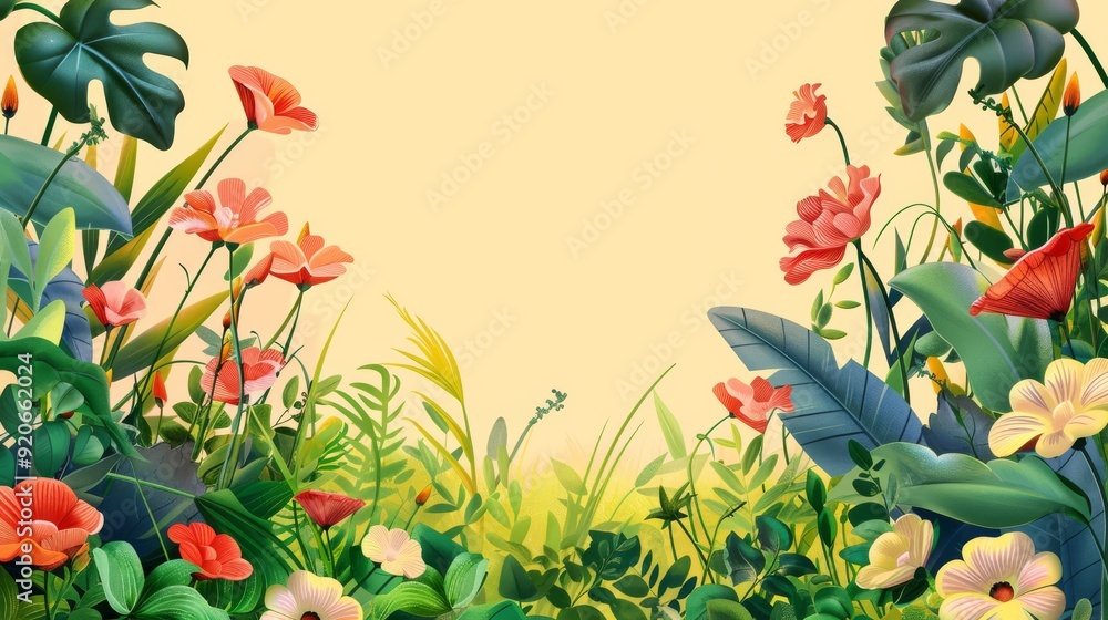 Poster this vibrant floral background showcases a breathtaking and stunning array of flowers and lush green