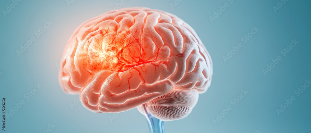 Poster a vibrant representation of a human brain highlighting neural connections and blood vessels, symboli