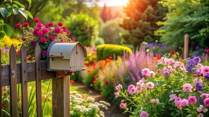 A beautiful blooming garden with a charming mailbox on the fence