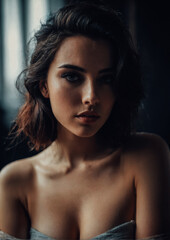 Portrait of a young woman with a bright smile in boudoir style