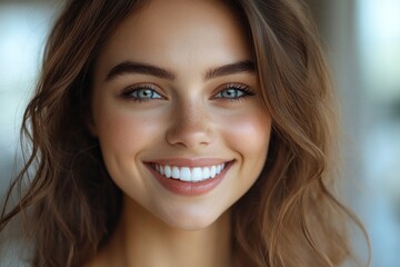 Beautiful healthy teeth smile, girl with blue eyes. natural portrait