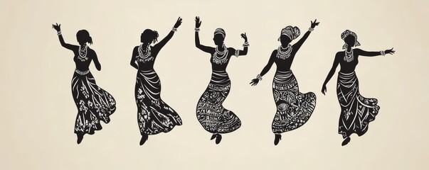 Elegant silhouettes of African women dancing in traditional dresses