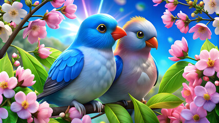 create-an illustration of a serene garden love birds scene