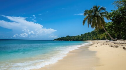 Beautiful Jamaican beach with turquoise sea and tall palm trees. Sun, sand, and sea at its best.