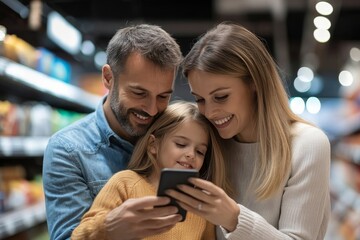 Obraz premium Happy family using mobile phone while shopping in supermarket, Generative AI