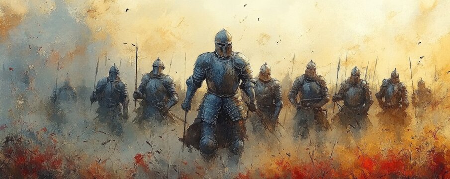 A group of armored knights march through a foggy battlefield, showcasing medieval warfare and epic historical scenes.