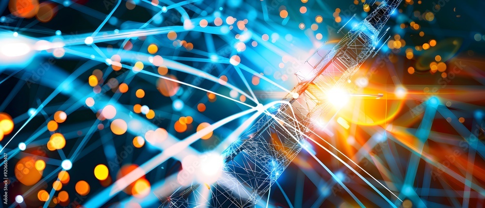 Poster abstract technology background with blue lines and bokeh lights.