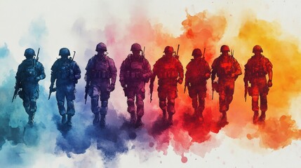 Colorful illustration of soldiers walking in a row with vibrant watercolor splashes in the background, symbolizing unity and strength.