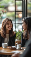 Fototapeta premium Happy Asian entrepreneur talks to her colleague during coffee break in cafe, Generative AI