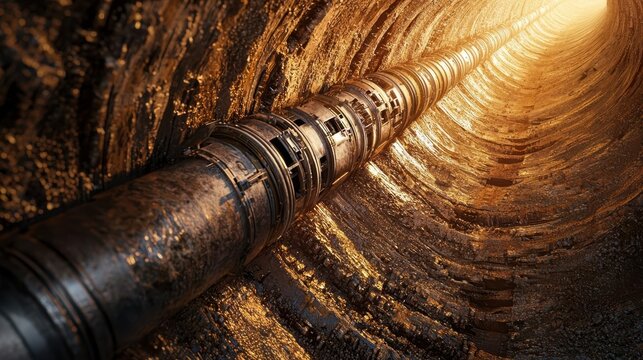 A crosssectional view of a tunnel boring machine progressing through layers of earth, with detailed geological strata and support structures visible