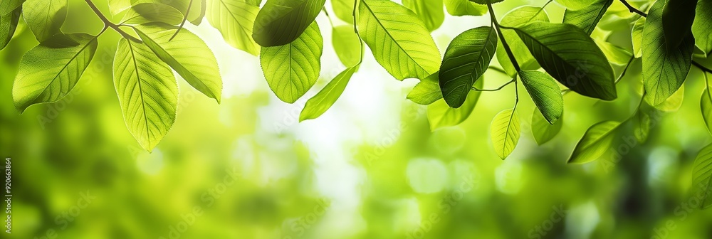 Poster a close-up view of green leaves hanging from a branch with sunlight streaming through in the backgro