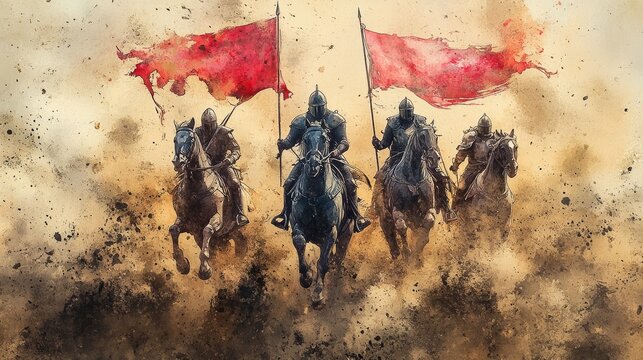 Epic scene of knights charging on horseback through a dusty battlefield, waving red flags and surrounded by a storm of vibrant energy.