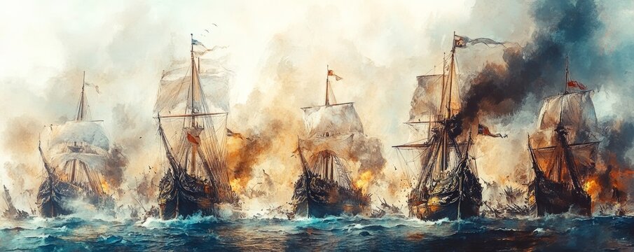 Historic naval warfare scene with sailing ships engulfed in fire and smoke during an intense sea battle under a cloudy sky.