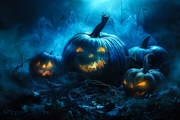 Naklejka premium Halloween pumpkins glowing in a spooky forest at night