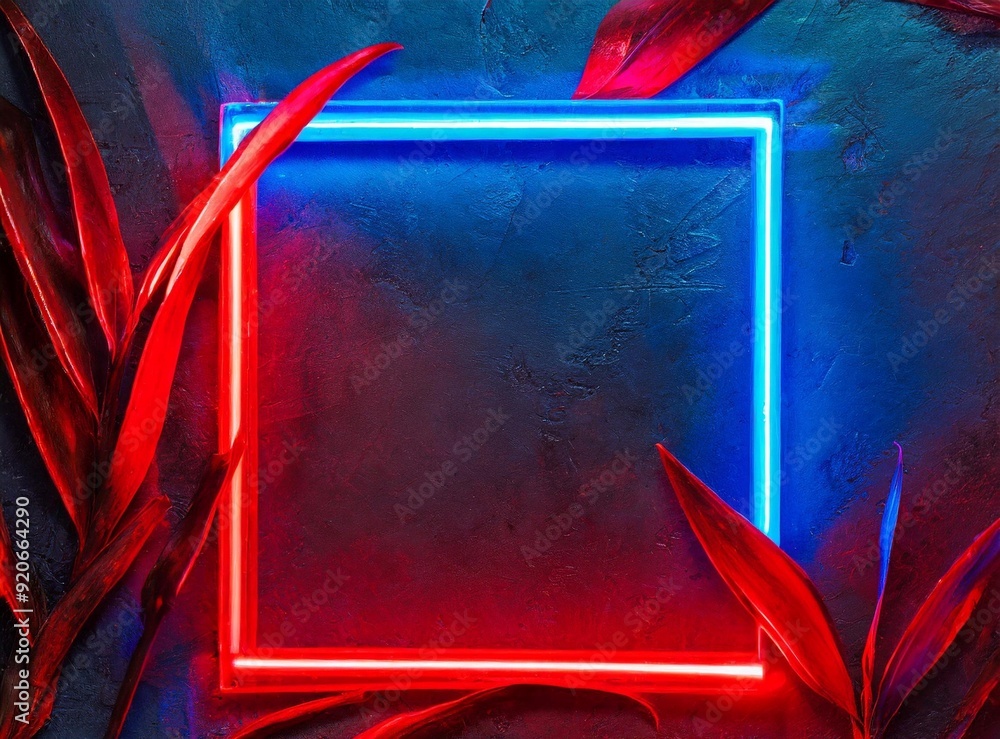 Poster Neon Square - Blue & Red Neon Light - Neon Background - Copy Space