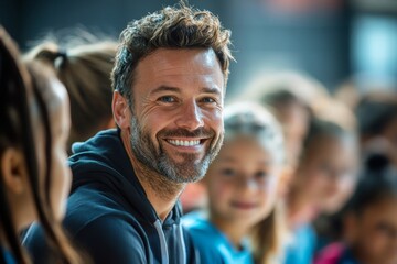 Fototapeta premium Happy sports teacher greets with group of elementary students during PE class at school gym, Generative AI