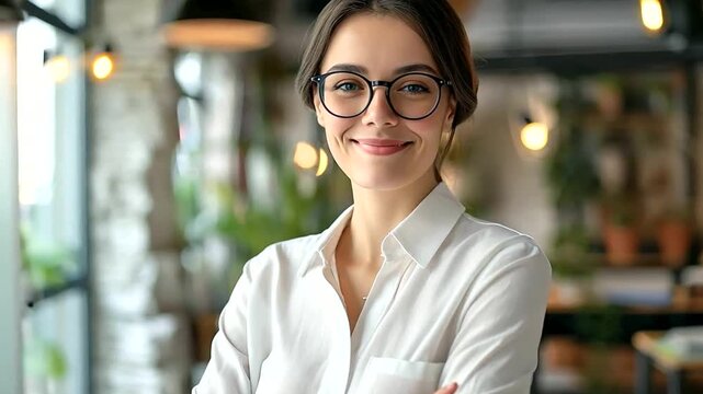 A happy businesswoman with eyeglasses and arms crossed stands proudly in a modern office