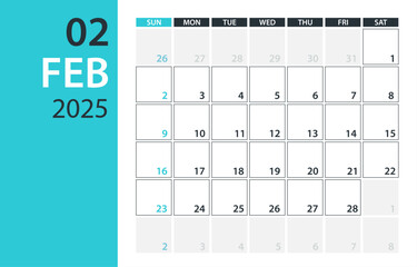 February 2025 Calendar Planner - vector illustration. Template. Mock up