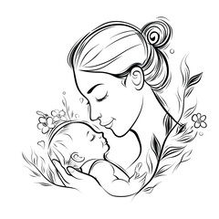 Simple and elegant sketch of a mother and baby sharing a loving moment.