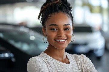 Obraz premium Happy black car saleswoman working in showroom and looking at camera, Generative AI