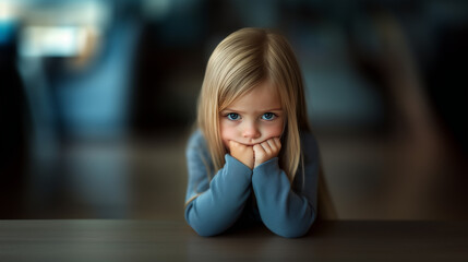 sad 5 - 7 years old blond child with blue eyes sitting home; kid with worried face expression hiding its mouth